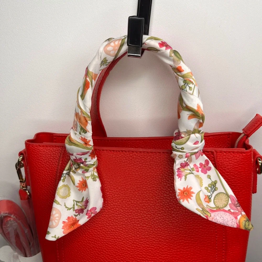 Red Pebbled Leather‎ Tote Bag with Floral Scarf Top Handle Detachable Strap